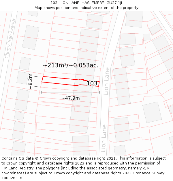 103, LION LANE, HASLEMERE, GU27 1JL: Plot and title map