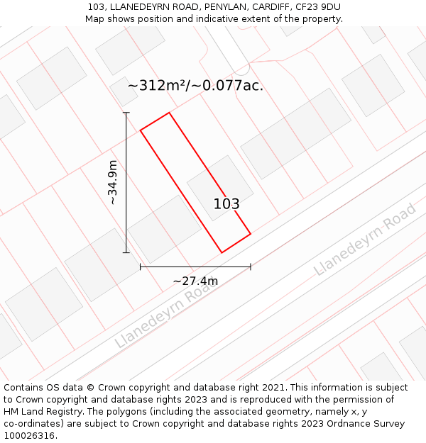 103, LLANEDEYRN ROAD, PENYLAN, CARDIFF, CF23 9DU: Plot and title map