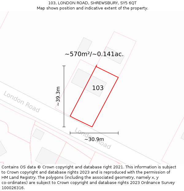 103, LONDON ROAD, SHREWSBURY, SY5 6QT: Plot and title map