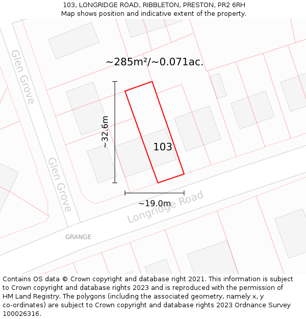 103, LONGRIDGE ROAD, RIBBLETON, PRESTON, PR2 6RH: Plot and title map