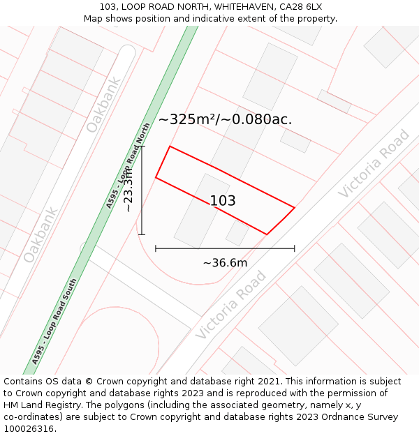 103, LOOP ROAD NORTH, WHITEHAVEN, CA28 6LX: Plot and title map