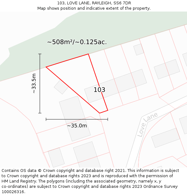 103, LOVE LANE, RAYLEIGH, SS6 7DR: Plot and title map