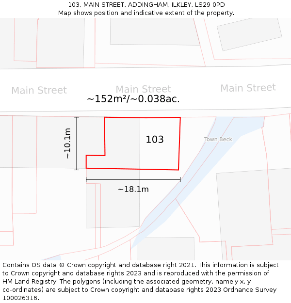 103, MAIN STREET, ADDINGHAM, ILKLEY, LS29 0PD: Plot and title map