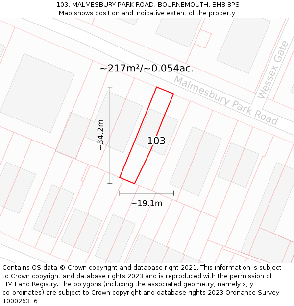 103, MALMESBURY PARK ROAD, BOURNEMOUTH, BH8 8PS: Plot and title map