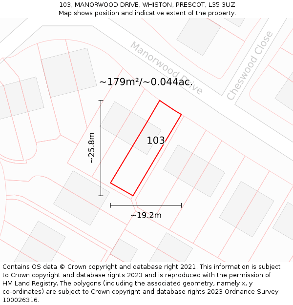 103, MANORWOOD DRIVE, WHISTON, PRESCOT, L35 3UZ: Plot and title map