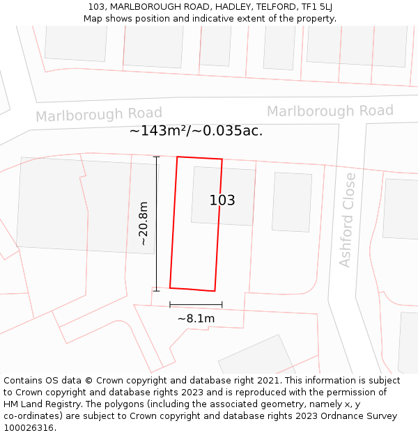 103, MARLBOROUGH ROAD, HADLEY, TELFORD, TF1 5LJ: Plot and title map