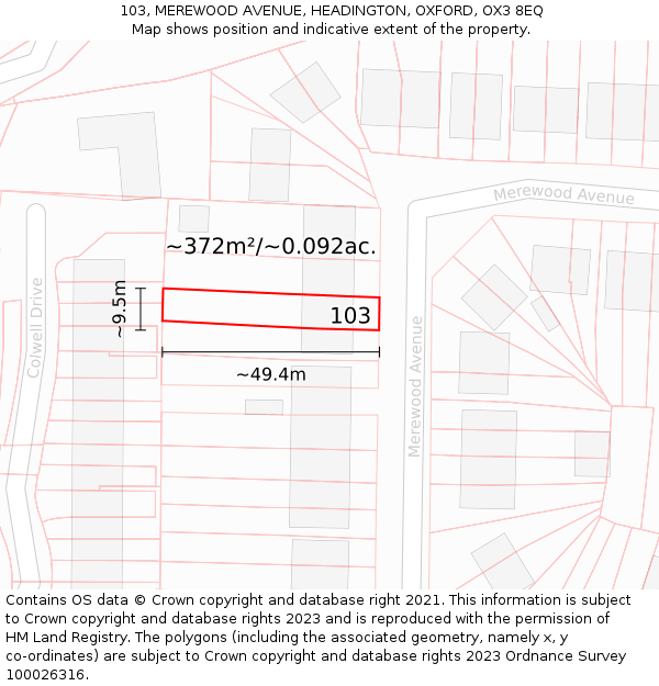 103, MEREWOOD AVENUE, HEADINGTON, OXFORD, OX3 8EQ: Plot and title map