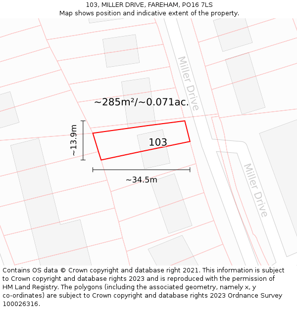 103, MILLER DRIVE, FAREHAM, PO16 7LS: Plot and title map