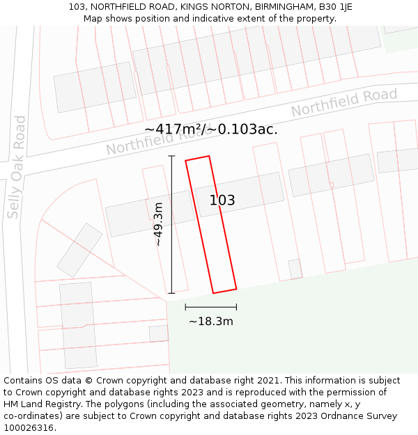 103, NORTHFIELD ROAD, KINGS NORTON, BIRMINGHAM, B30 1JE: Plot and title map