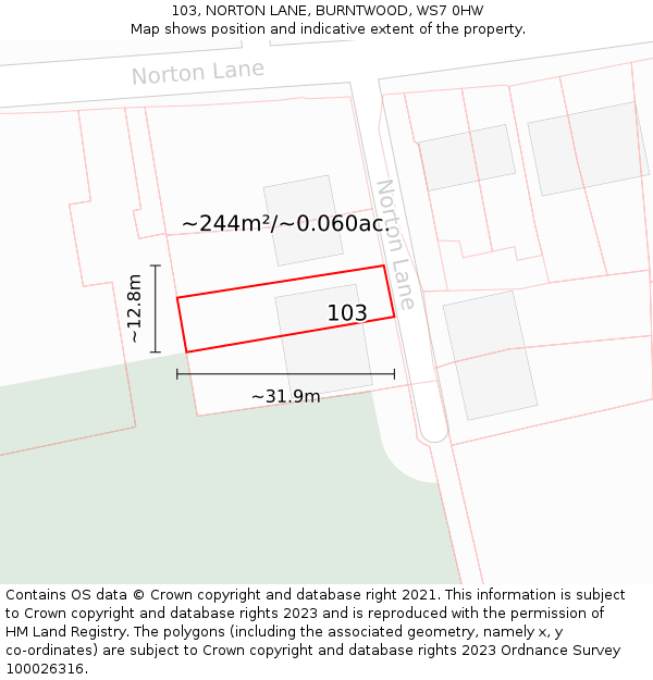 103, NORTON LANE, BURNTWOOD, WS7 0HW: Plot and title map