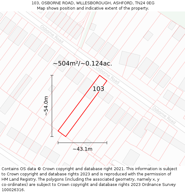 103, OSBORNE ROAD, WILLESBOROUGH, ASHFORD, TN24 0EG: Plot and title map