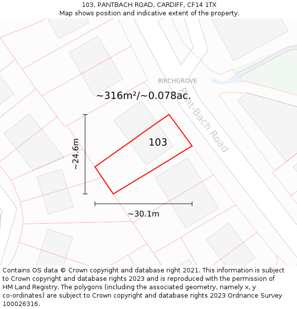 103, PANTBACH ROAD, CARDIFF, CF14 1TX: Plot and title map