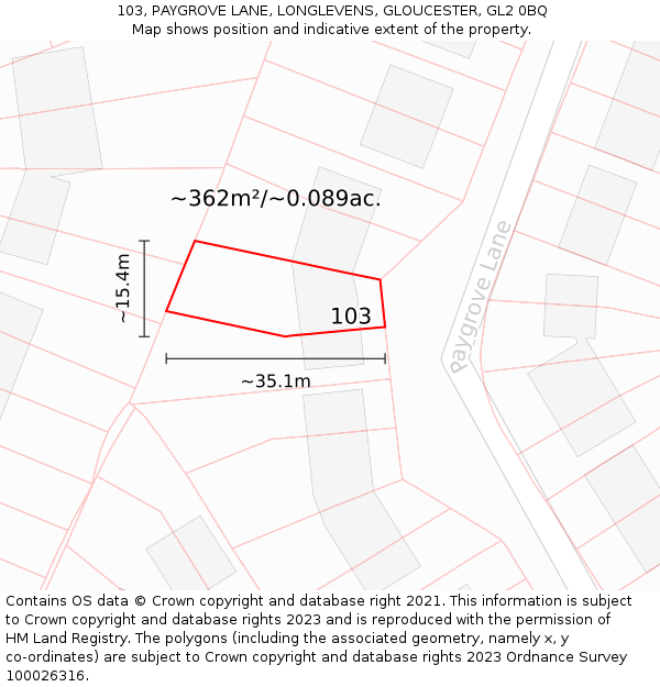 103, PAYGROVE LANE, LONGLEVENS, GLOUCESTER, GL2 0BQ: Plot and title map