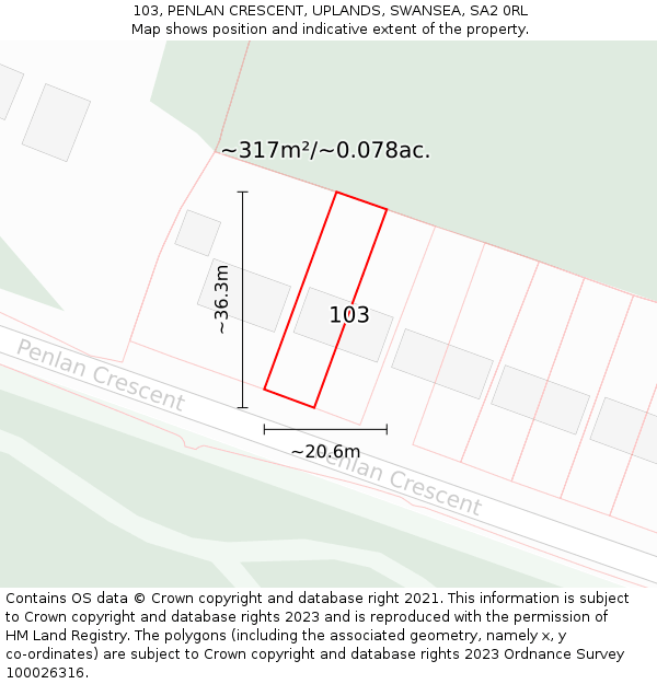 103, PENLAN CRESCENT, UPLANDS, SWANSEA, SA2 0RL: Plot and title map