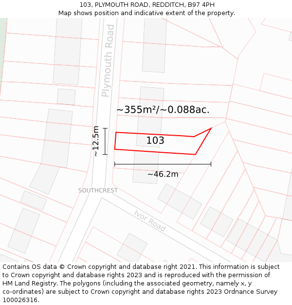 103, PLYMOUTH ROAD, REDDITCH, B97 4PH: Plot and title map