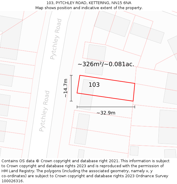 103, PYTCHLEY ROAD, KETTERING, NN15 6NA: Plot and title map