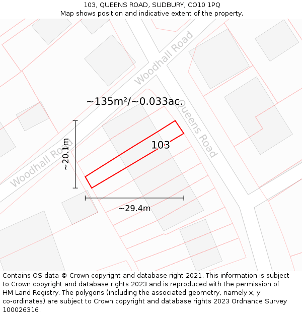 103, QUEENS ROAD, SUDBURY, CO10 1PQ: Plot and title map