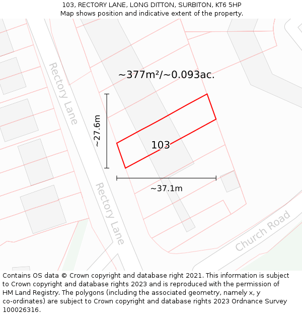 103, RECTORY LANE, LONG DITTON, SURBITON, KT6 5HP: Plot and title map