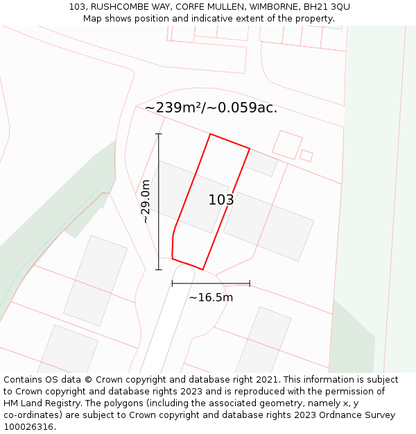 103, RUSHCOMBE WAY, CORFE MULLEN, WIMBORNE, BH21 3QU: Plot and title map