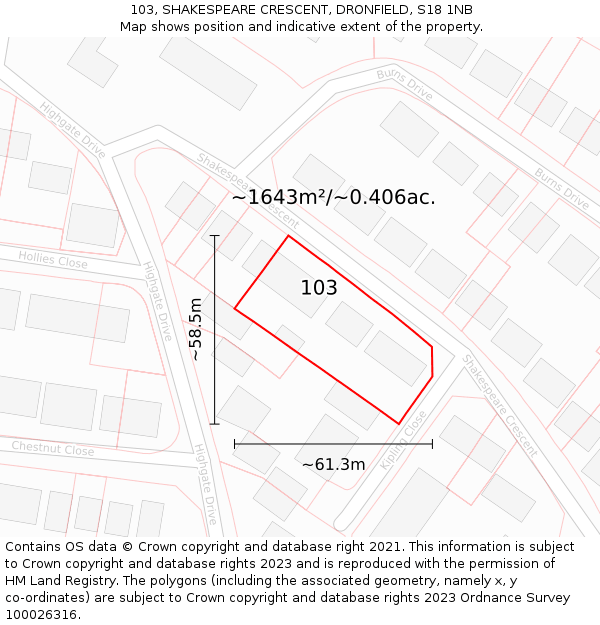 103, SHAKESPEARE CRESCENT, DRONFIELD, S18 1NB: Plot and title map