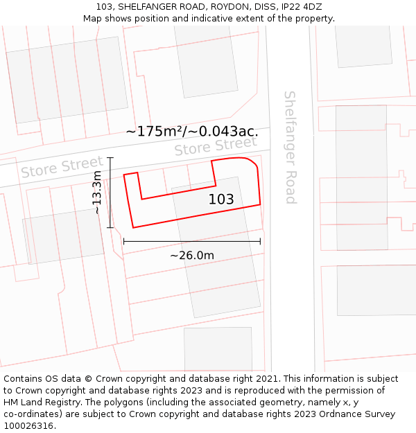 103, SHELFANGER ROAD, ROYDON, DISS, IP22 4DZ: Plot and title map