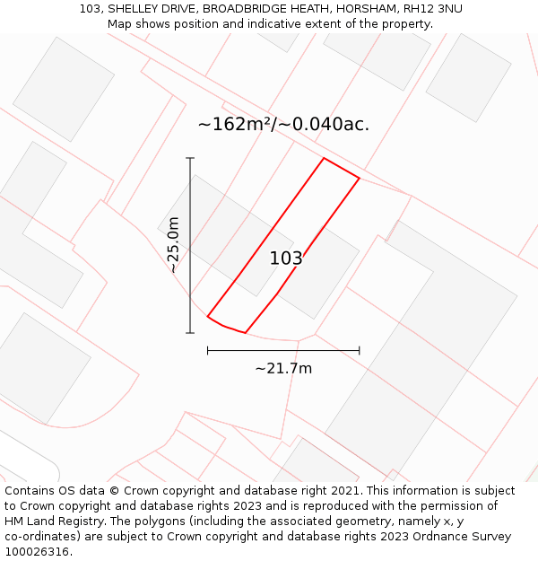 103, SHELLEY DRIVE, BROADBRIDGE HEATH, HORSHAM, RH12 3NU: Plot and title map