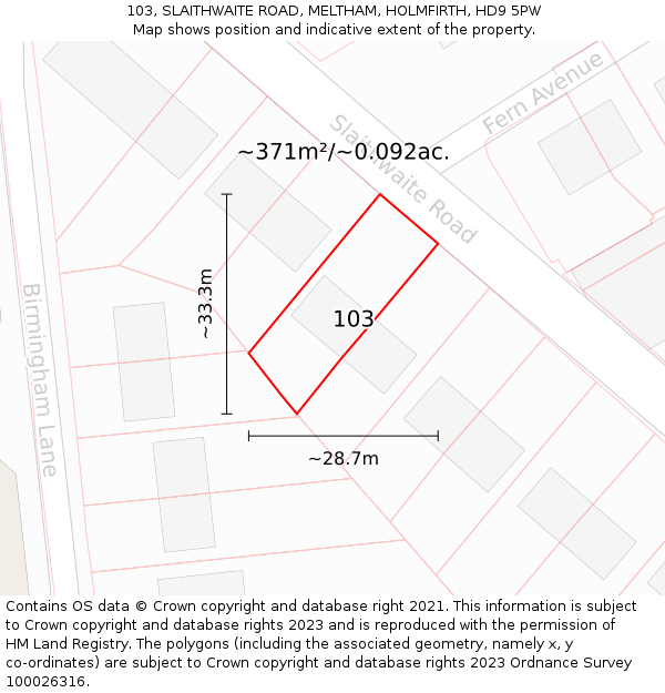 103, SLAITHWAITE ROAD, MELTHAM, HOLMFIRTH, HD9 5PW: Plot and title map