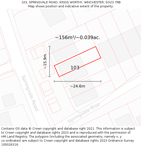 103, SPRINGVALE ROAD, KINGS WORTHY, WINCHESTER, SO23 7RB: Plot and title map