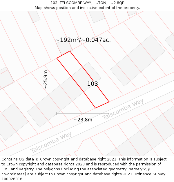 103, TELSCOMBE WAY, LUTON, LU2 8QP: Plot and title map