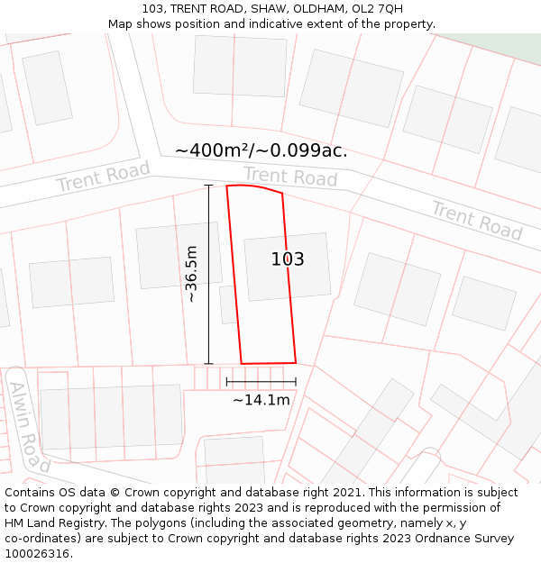 103, TRENT ROAD, SHAW, OLDHAM, OL2 7QH: Plot and title map