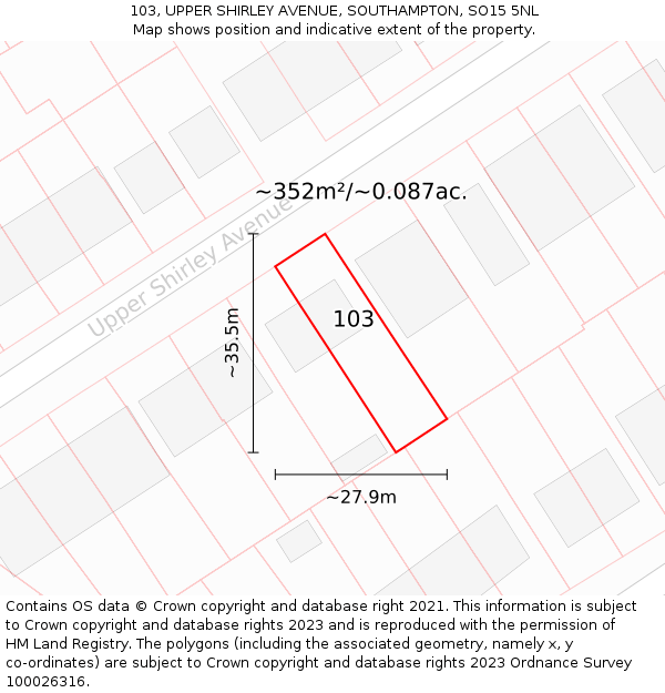 103, UPPER SHIRLEY AVENUE, SOUTHAMPTON, SO15 5NL: Plot and title map