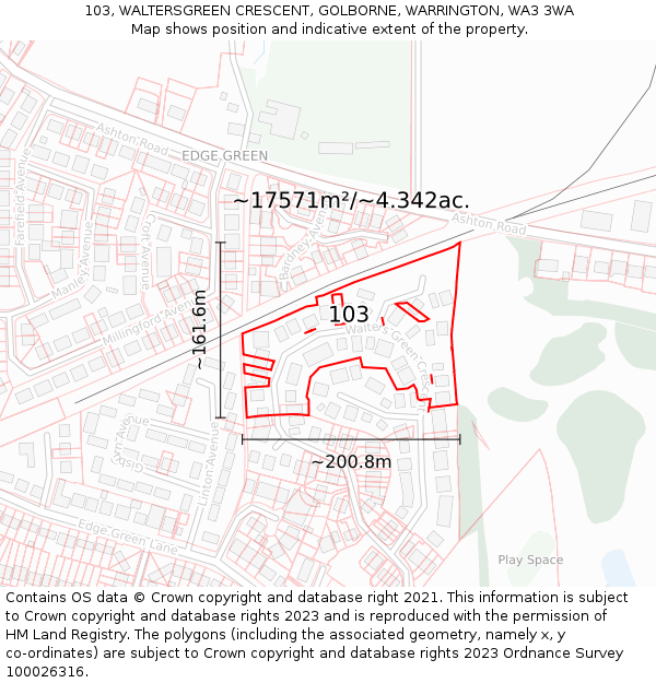 103, WALTERSGREEN CRESCENT, GOLBORNE, WARRINGTON, WA3 3WA: Plot and title map