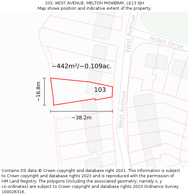 103, WEST AVENUE, MELTON MOWBRAY, LE13 0JH: Plot and title map
