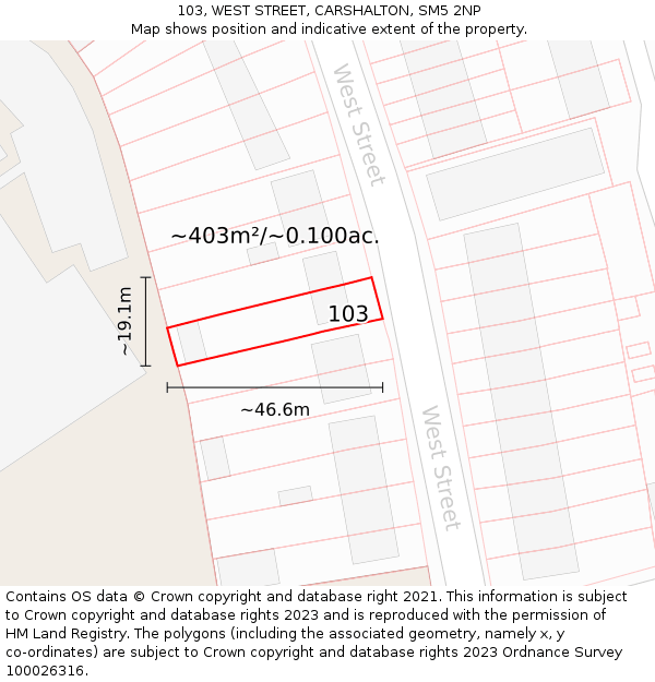 103, WEST STREET, CARSHALTON, SM5 2NP: Plot and title map