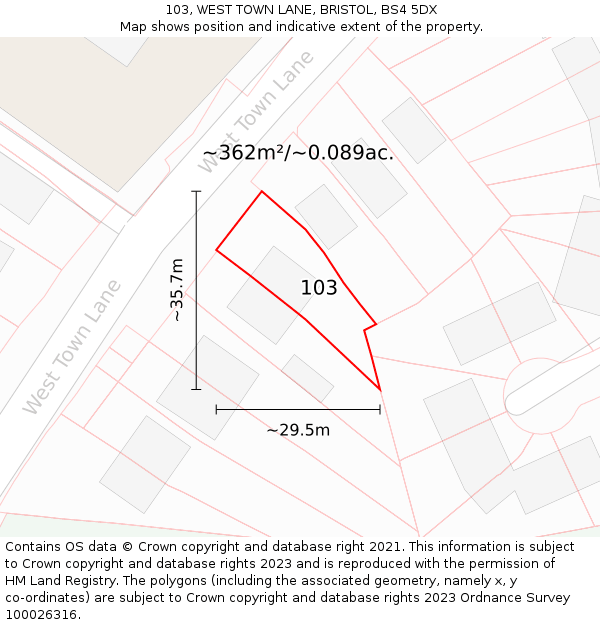 103, WEST TOWN LANE, BRISTOL, BS4 5DX: Plot and title map