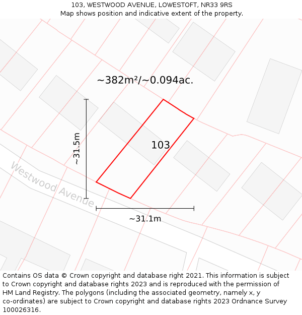 103, WESTWOOD AVENUE, LOWESTOFT, NR33 9RS: Plot and title map