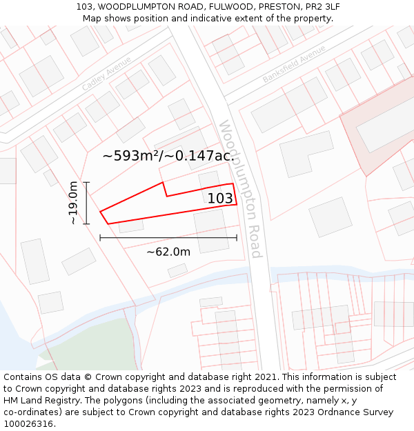 103, WOODPLUMPTON ROAD, FULWOOD, PRESTON, PR2 3LF: Plot and title map