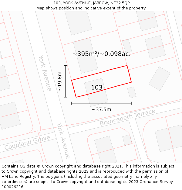 103, YORK AVENUE, JARROW, NE32 5QP: Plot and title map