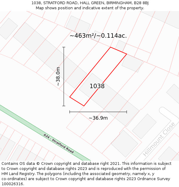 1038, STRATFORD ROAD, HALL GREEN, BIRMINGHAM, B28 8BJ: Plot and title map