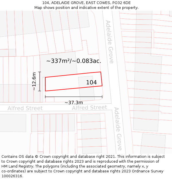 104, ADELAIDE GROVE, EAST COWES, PO32 6DE: Plot and title map