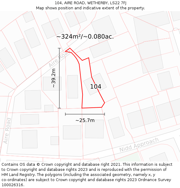 104, AIRE ROAD, WETHERBY, LS22 7FJ: Plot and title map