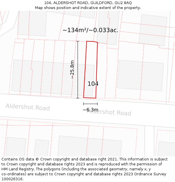 104, ALDERSHOT ROAD, GUILDFORD, GU2 8AQ: Plot and title map