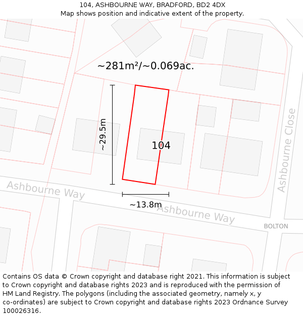 104, ASHBOURNE WAY, BRADFORD, BD2 4DX: Plot and title map
