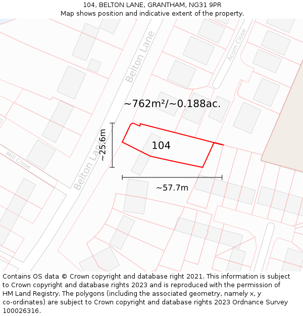 104, BELTON LANE, GRANTHAM, NG31 9PR: Plot and title map