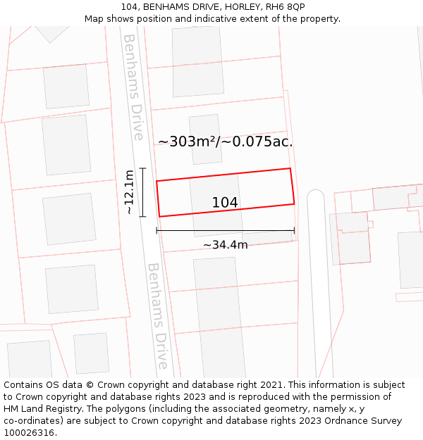 104, BENHAMS DRIVE, HORLEY, RH6 8QP: Plot and title map