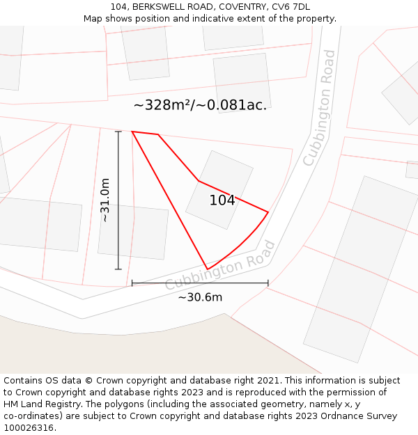 104, BERKSWELL ROAD, COVENTRY, CV6 7DL: Plot and title map