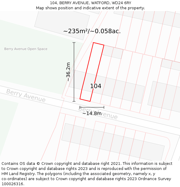 104, BERRY AVENUE, WATFORD, WD24 6RY: Plot and title map