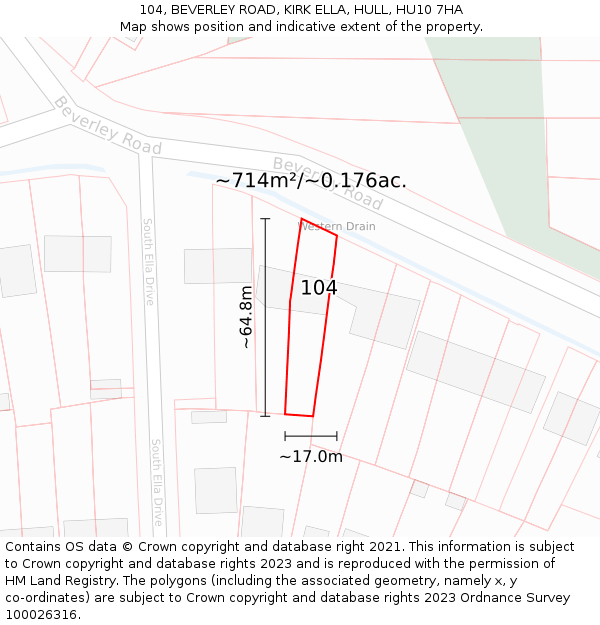 104, BEVERLEY ROAD, KIRK ELLA, HULL, HU10 7HA: Plot and title map