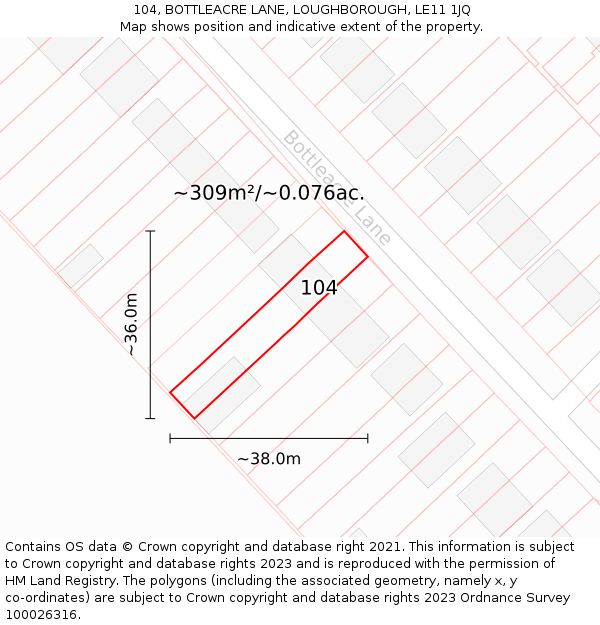 104, BOTTLEACRE LANE, LOUGHBOROUGH, LE11 1JQ: Plot and title map