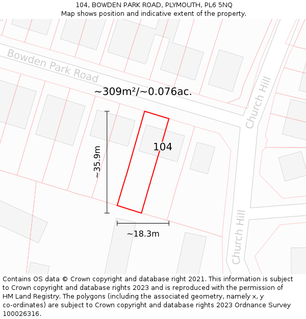 104, BOWDEN PARK ROAD, PLYMOUTH, PL6 5NQ: Plot and title map